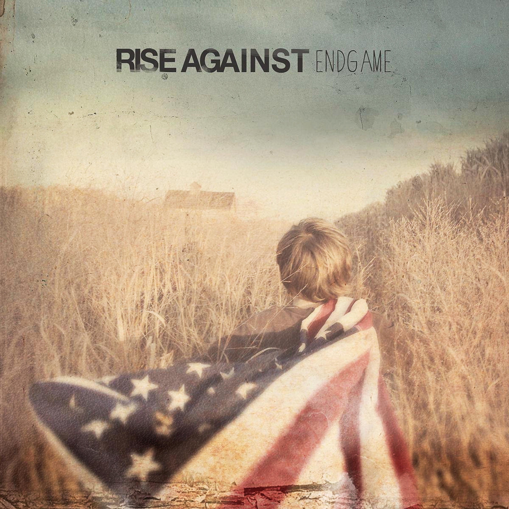 Albumcover von "Rise Against - Endgame". Eine Person mit amerikanischer Flagge steht auf einem Feld.