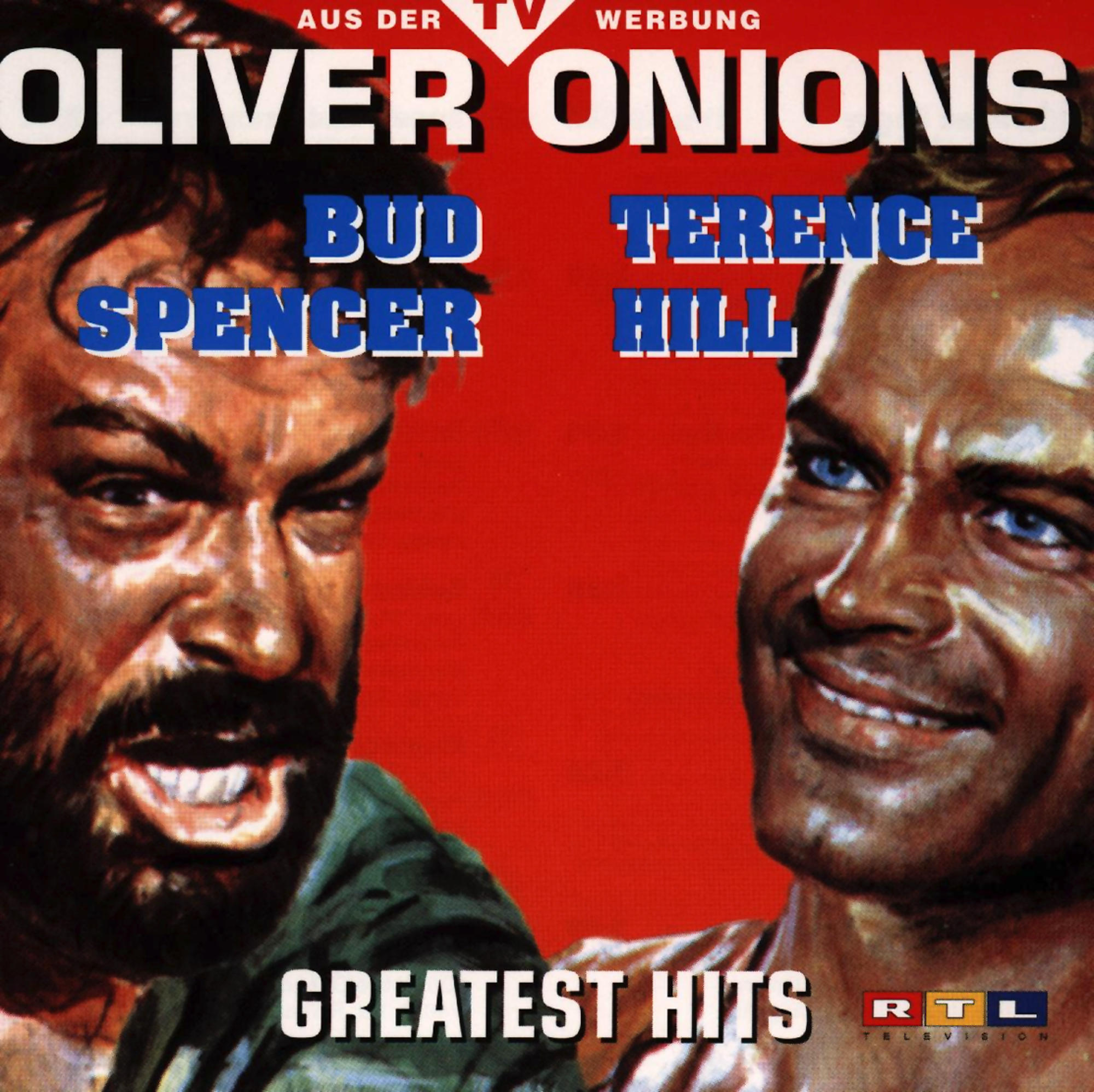 Albumcover für Oliver Onions Greatest Hits. Zwei Gesichter von Männern auf rotem Hintergrund.