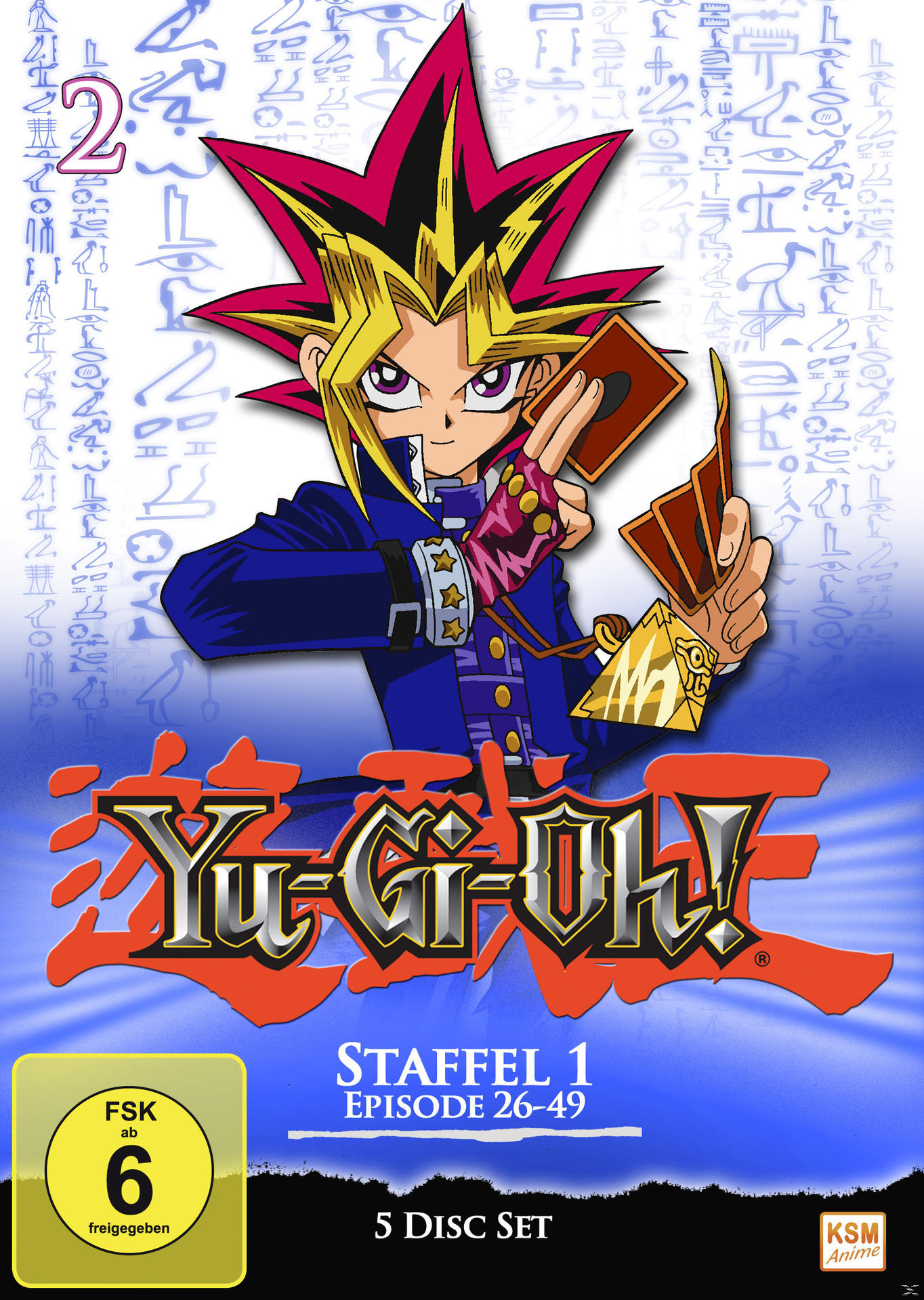 Anime-DVD-Cover: Figur hält Karten, Yu-Gi-Oh!-Logo und Text.