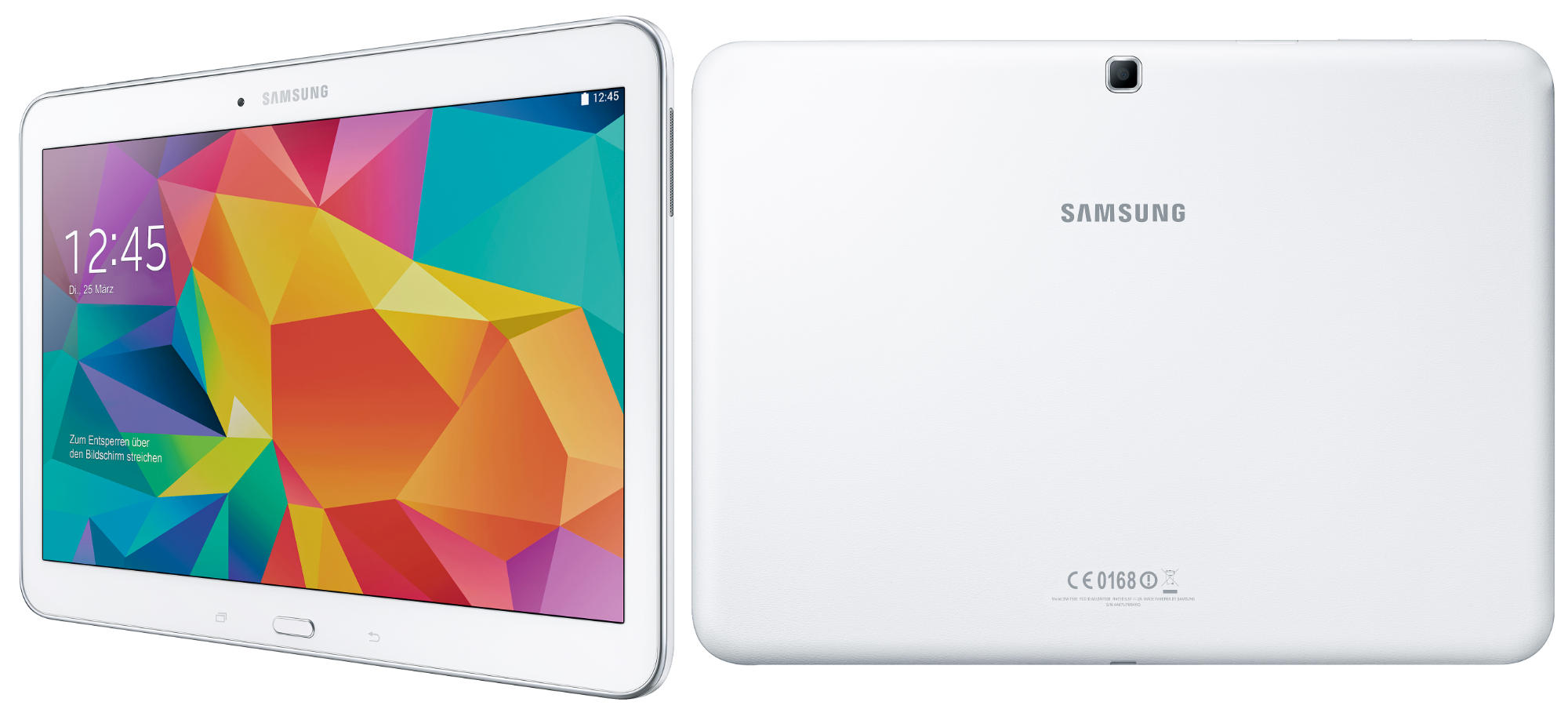 Weißes Samsung Tablet, Vorder- und Rückansicht. Bildschirm zeigt farbenfrohe abstrakte Kunst. Rückseite mit Samsung-Logo.