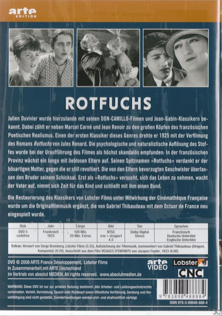 Rückseite der DVD-Hülle: Text auf Französisch, Bilder von Männern, Filmtitel ROTFUCHS.