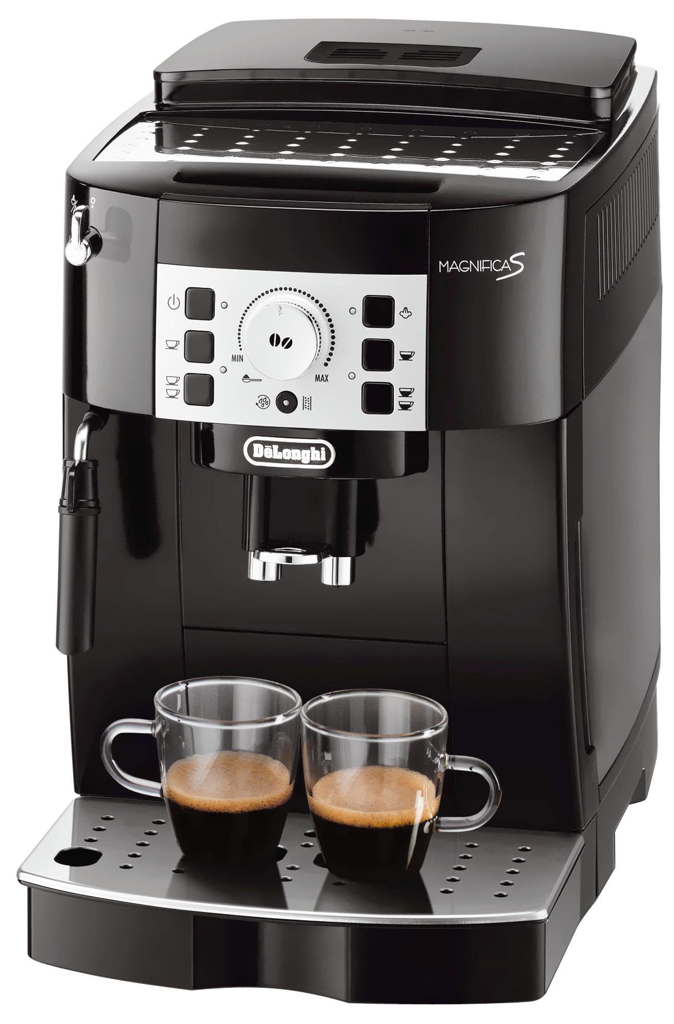 Zwarte koffiemachine met twee glazen gevuld met koffie.