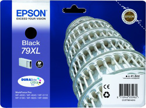 Epson schwarze Tintenpatrone. Enthält den Markennamen, die Produktart und den schiefen Turm von Pisa.