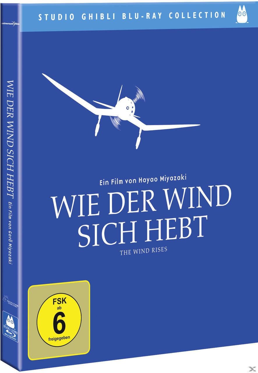 Blu-ray-Cover: 'Wie Der Wind Sich Hebt' mit einer weißen Flugzeugzeichnung und blauem Hintergrund.