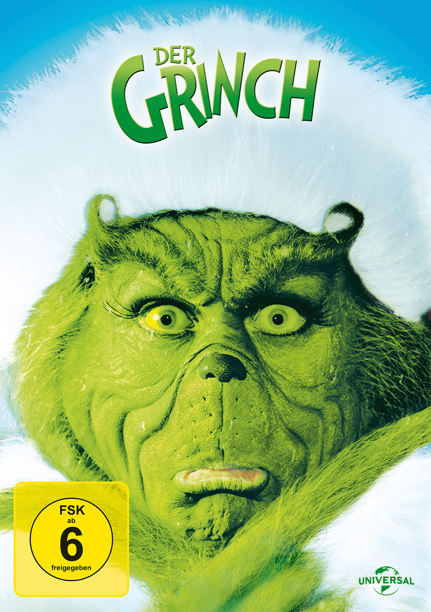 Nahaufnahme des grünen Grinch-Gesichts mit gelben Augen, weißer Fellkapuze und deutscher FSK-6-Altersfreigabe.