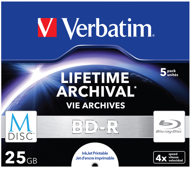 Verbatim M DISC Blu-ray-Box. Blaues und weißes Design. Text: 'LIFETIME ARCHIVAL', 'BD-R', 25GB, 4x.