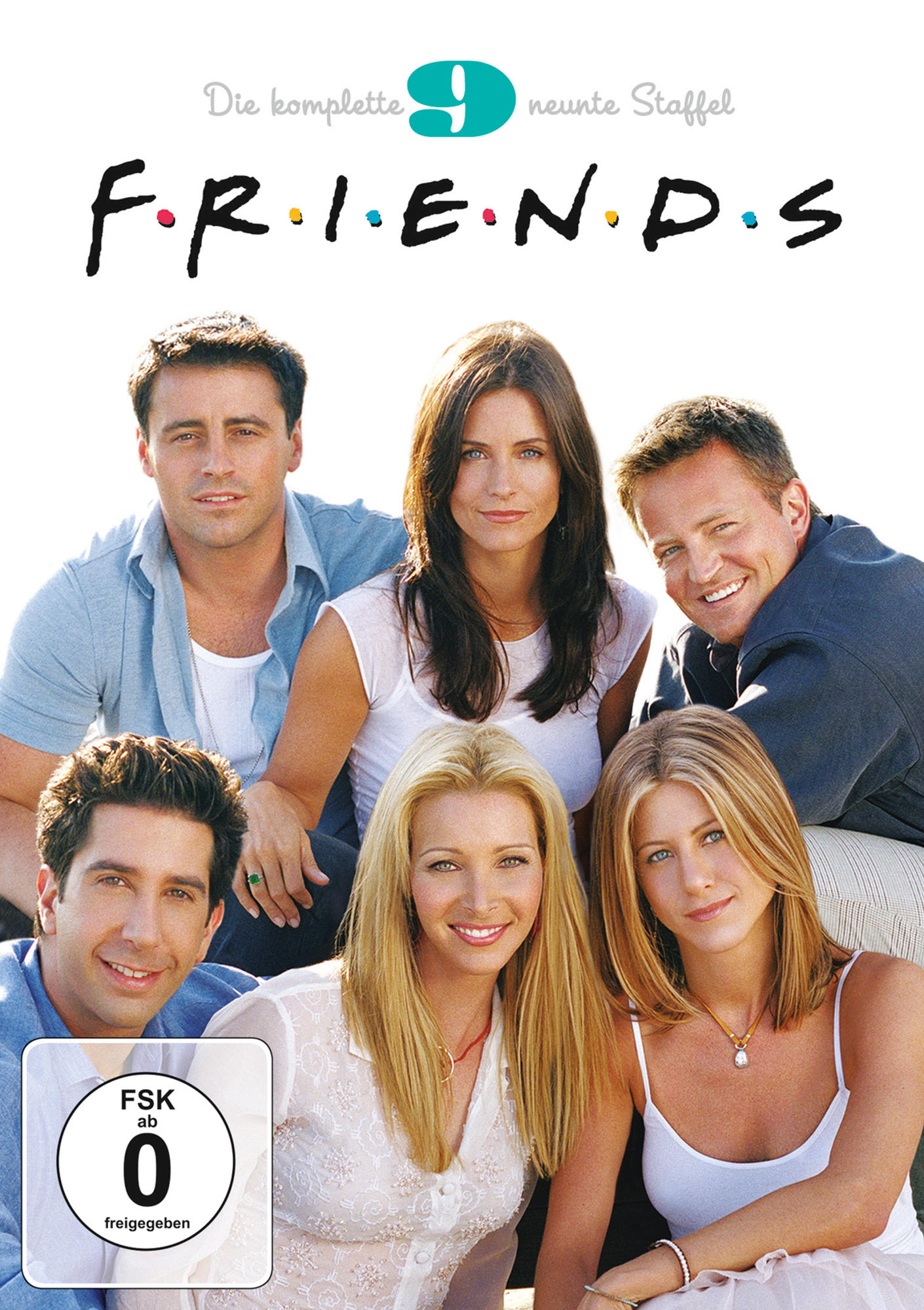 Cover der Friends Staffel 9 DVD. Sechs Schauspieler sind abgebildet. Text 'Friends' im ikonischen Schriftzug.