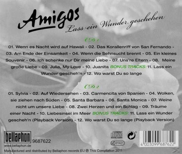 CD-Rückseite mit Trackliste für das Album 'Amigos', mit floralen Elementen und Text auf weißem Hintergrund.