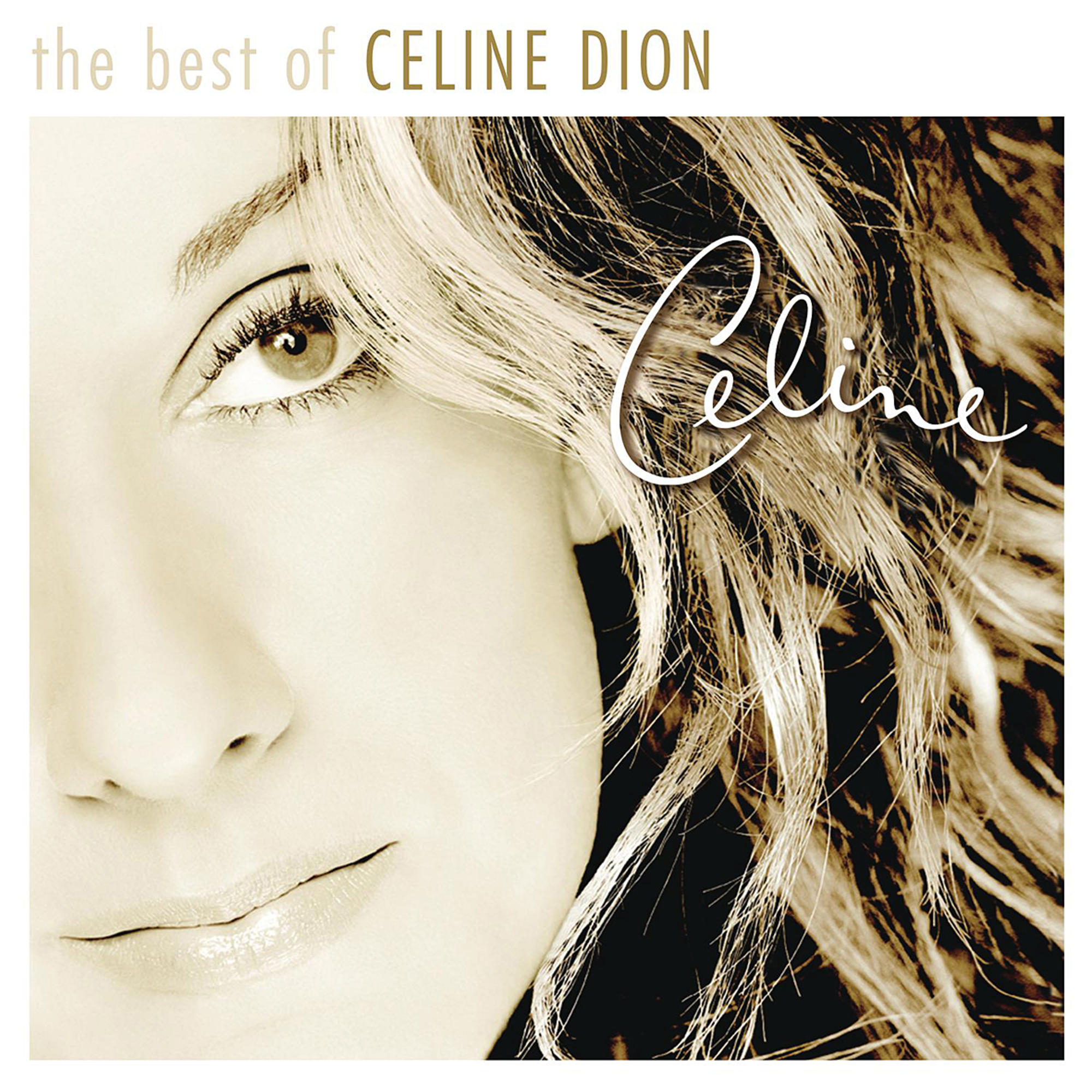 Albumcover mit Celine Dions Gesicht. Text: the best of CELINE DION, mit ihrem Namen in Kursivschrift.