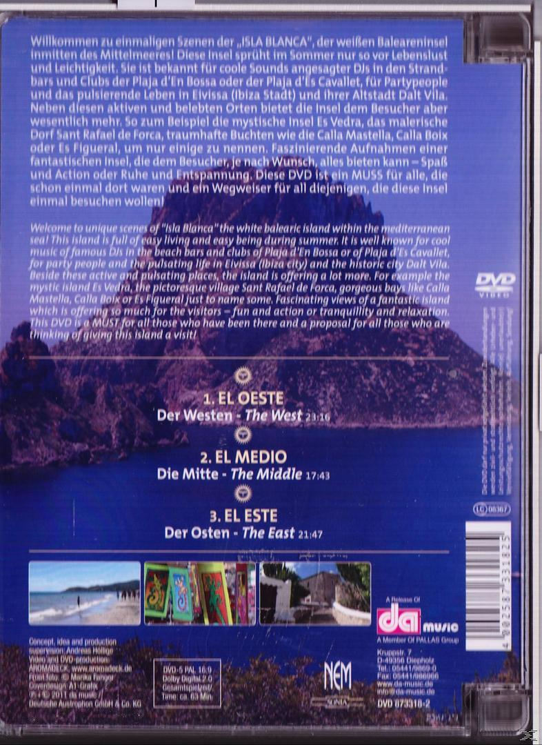 Die Rückseite einer DVD mit Text und Bildern über die 'Isla Blanca' in Elvissa. Einige Bilder.