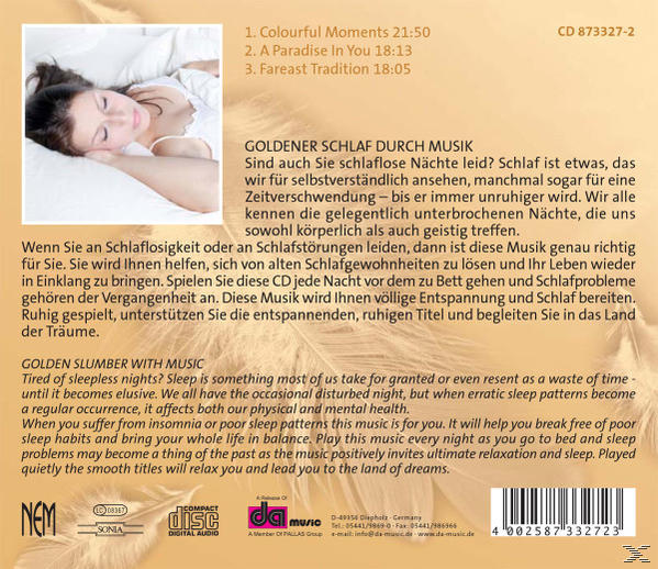 CD-Cover mit einer schlafenden Frau. Es enthält Text über Schlaf und Musik sowie ein kleines Federbild.