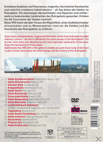 DVD-Cover mit Text über Halden im Ruhrgebiet, zeigt Landschaften und farbenfrohe Kunst.
