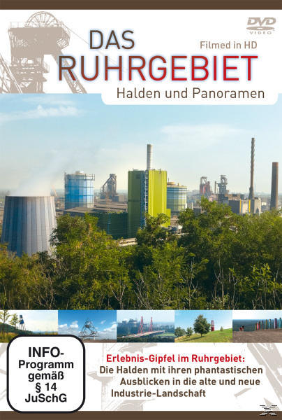 DVD-Cover: Industrielle Landschaft des Ruhrgebiets mit grünen Bäumen, Fabriken und einem Turm unter blauem Himmel.