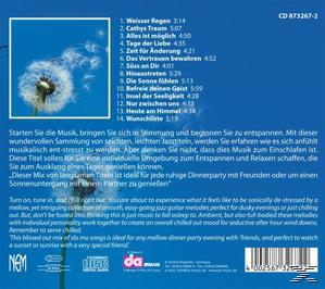 CD-Rückseite mit Text: Weisser Regen und einer Titelliste. Bild: Löwenzahnsamen.