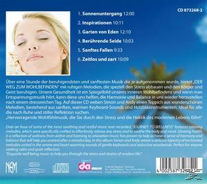 CD-Cover mit Frauengesicht, Text über Entspannung und verschwommenem Hintergrund mit Palme.