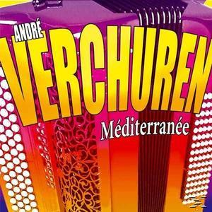 Albumcover: 'André Verchuren Méditerranée' mit einem gelben und rosa Akkordeon und Text.