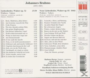CD-Cover mit Text und einer Titelliste. Der Titel lautet 'Liebeslieder, Walzer op. 52'.