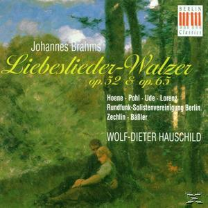 Albumcover mit einem Gemälde eines Paares in einem Wald, der Titel ist Liebeslieder-Walzer. Künstler ist Wolf-Dieter Hauschild.
