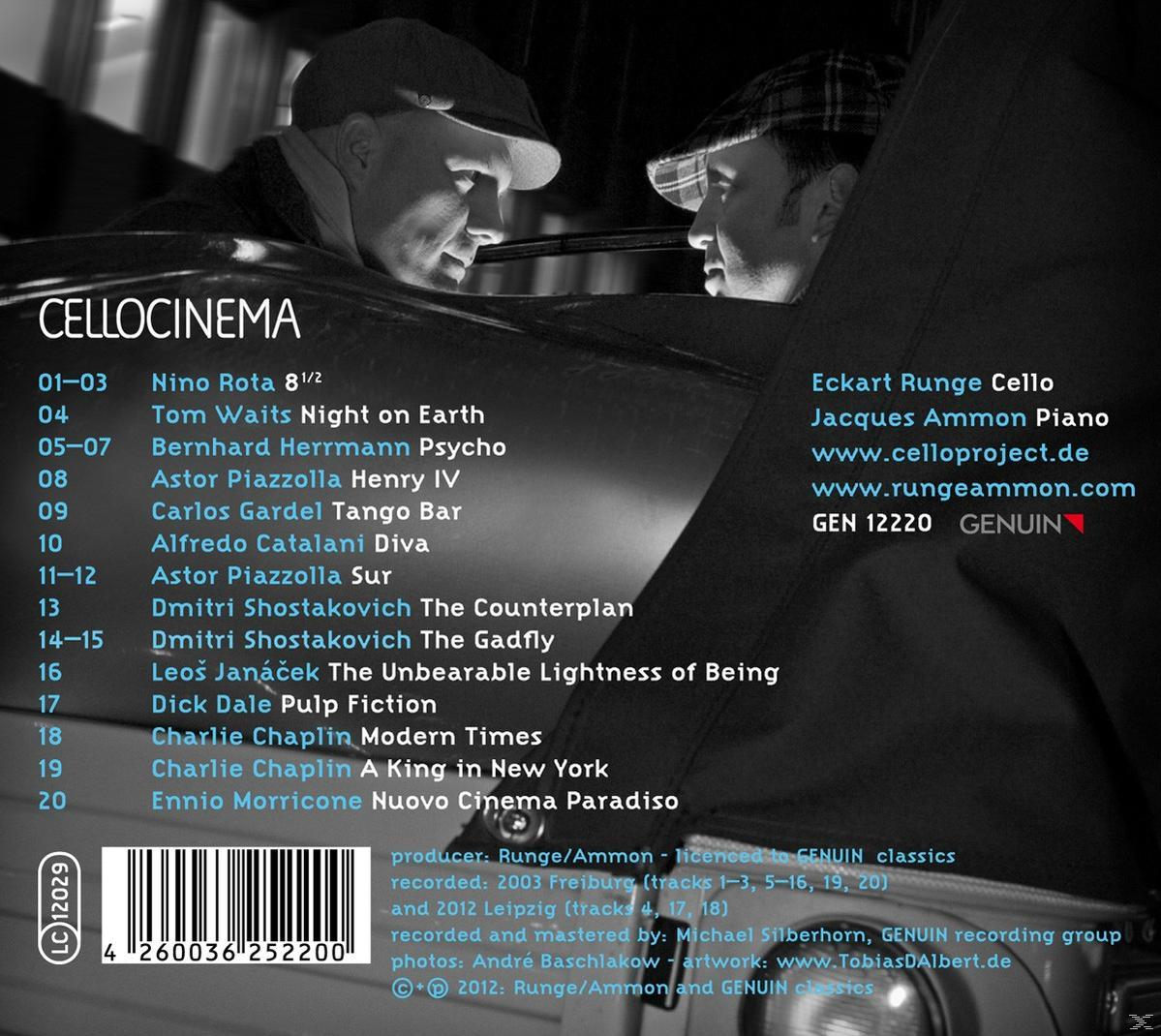 Rückseite von CelloCinema. Text mit Titelliste, Produzent und Credits. Schwarzweißbild.