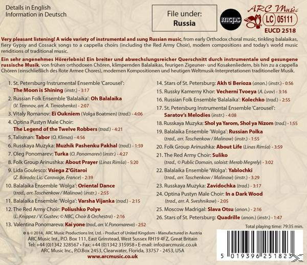 Rückseite einer CD mit russischer Chormusik, Trackliste mit Namen auf Englisch und Russisch.