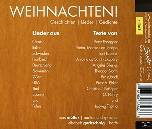Albumcover mit deutschem Text: Weihnachten, Geschichten, Lieder, Gedichte. Brauner Hintergrund mit Titeln.