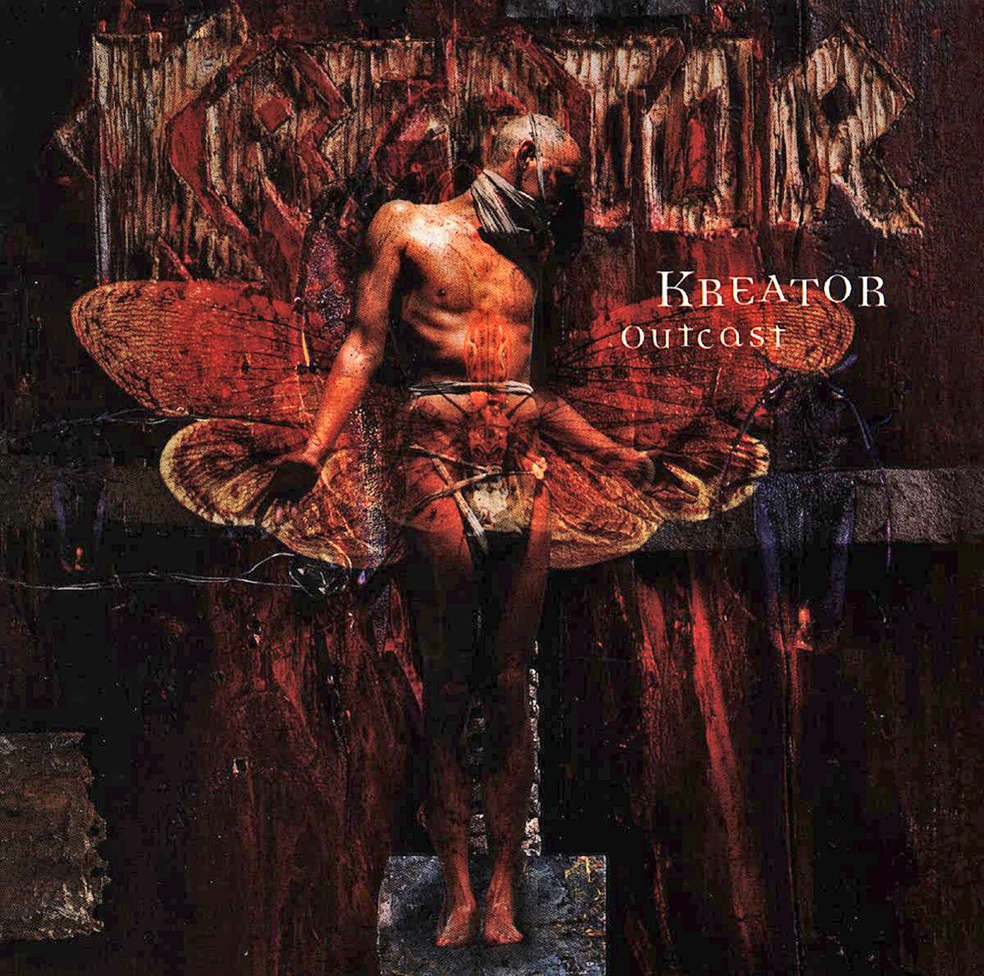 Albumcover. Ein nackter Mann mit Schmetterlingsflügeln, der Hintergrund ist rot.