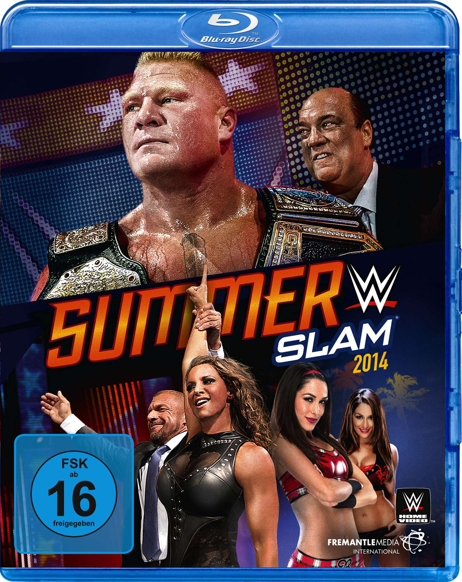 SummerSlam 2014 Blu-ray-Cover mit Wrestlern und Logos. Der Hintergrund ist blau.