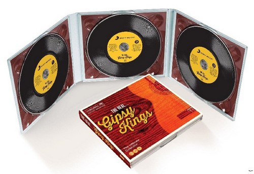 Geöffnete CD-Hülle mit drei Discs. Die Discs sind schwarz mit gelben Etiketten. Ein Buch ist vorhanden.