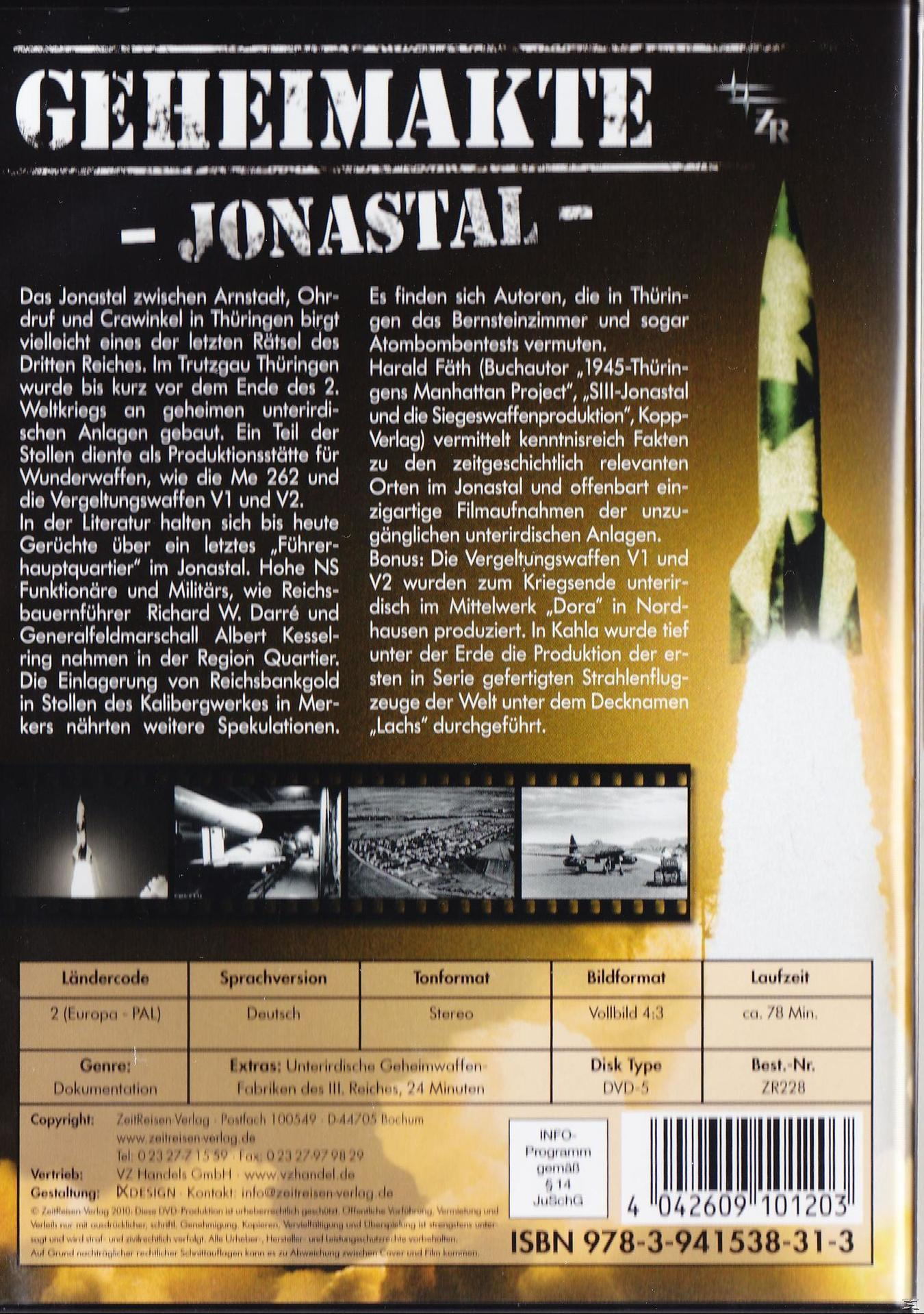 DVD-Hülle mit deutschem Text über Jonastal, einen WWII-Standort. Bilder von Raketen, Menschen und Zügen.
