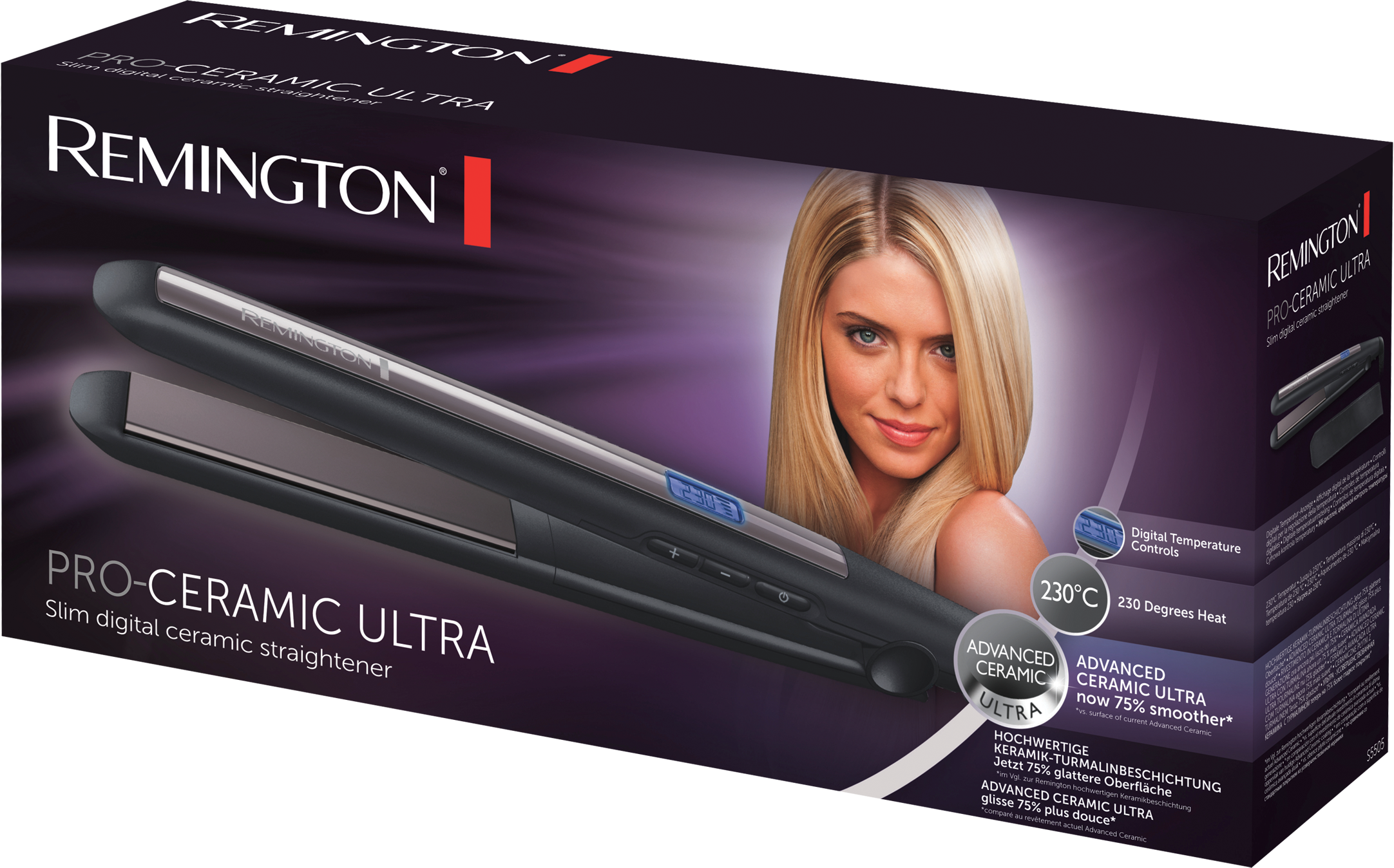 Remington hajvasaló doboza. Nő arca a dobozon. Fekete és kék design.