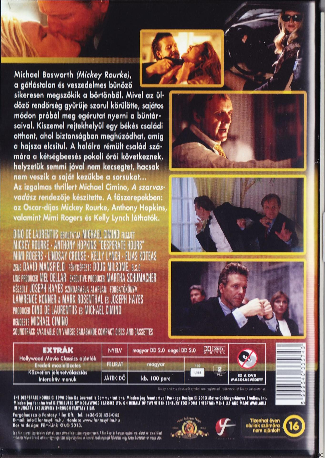 DVD borító: 'Desperate Hours'. Jelenetek a filmből, a szereplők képei és a film címe.