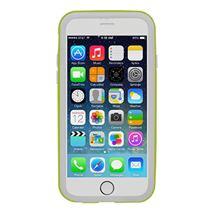Fehér iPhone, képernyőjén alkalmazások, zöld-fehér tokban.