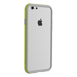 Fehér iPhone zöld és szürke tokban. Apple logó a hátoldalon.