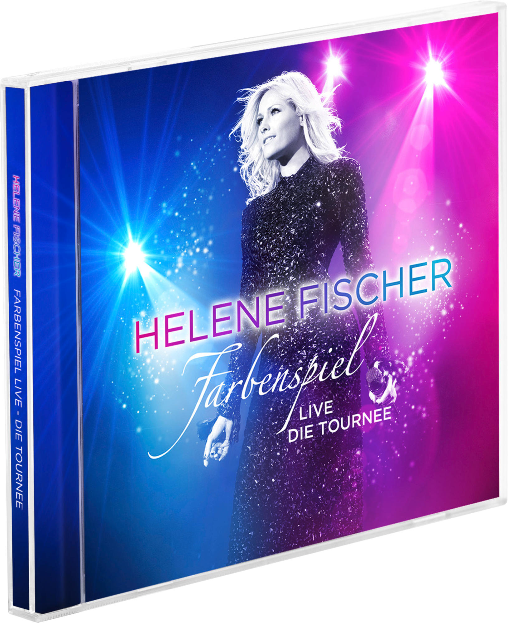 CD-Cover: eine Frau in Paillettenkleid auf der Bühne. Text: 'Helene Fischer', 'Farbenspiel Live - Die Tournee'.