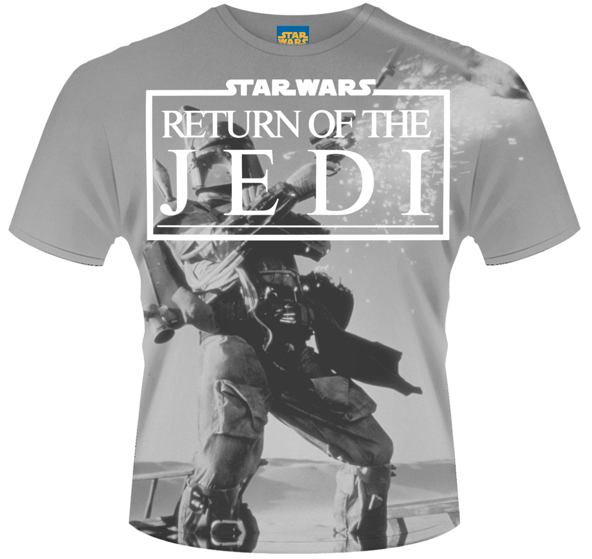 Póló: Star Wars, A Jedi visszatér, fekete-fehér, férfi lézerfegyverrel.