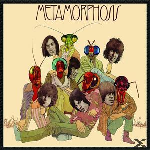 Albumcover. Gruppe von menschenköpfigen Insekten in bunten Kleidern. Text: Metamorphosis.