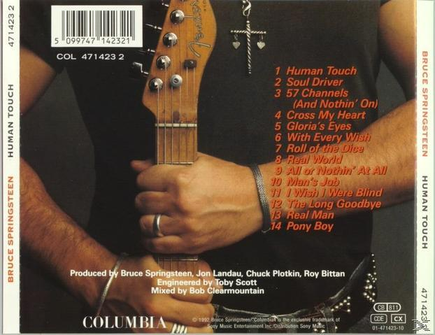 Albumcover: Mann hält Gitarre, Text 'Bruce Springsteen Human Touch', schwarzer Hintergrund.