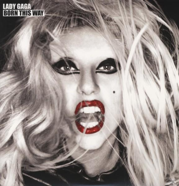 CD-Cover: Lady Gaga mit offenem Mund und rotem Lippenstift. Der Text lautet 'Lady Gaga Born This Way' in Schwarzweiß.