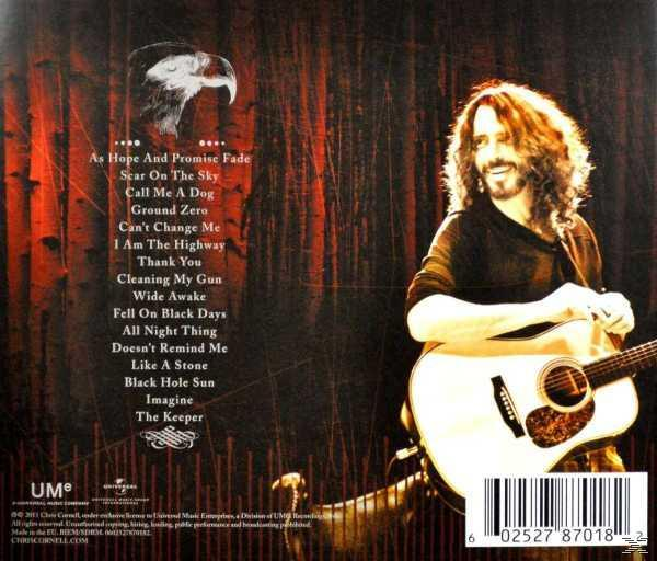 Chris Cornell Album-Rückseite: Titelliste, Gitarristen-Bild, Rot- und Schwarztöne.