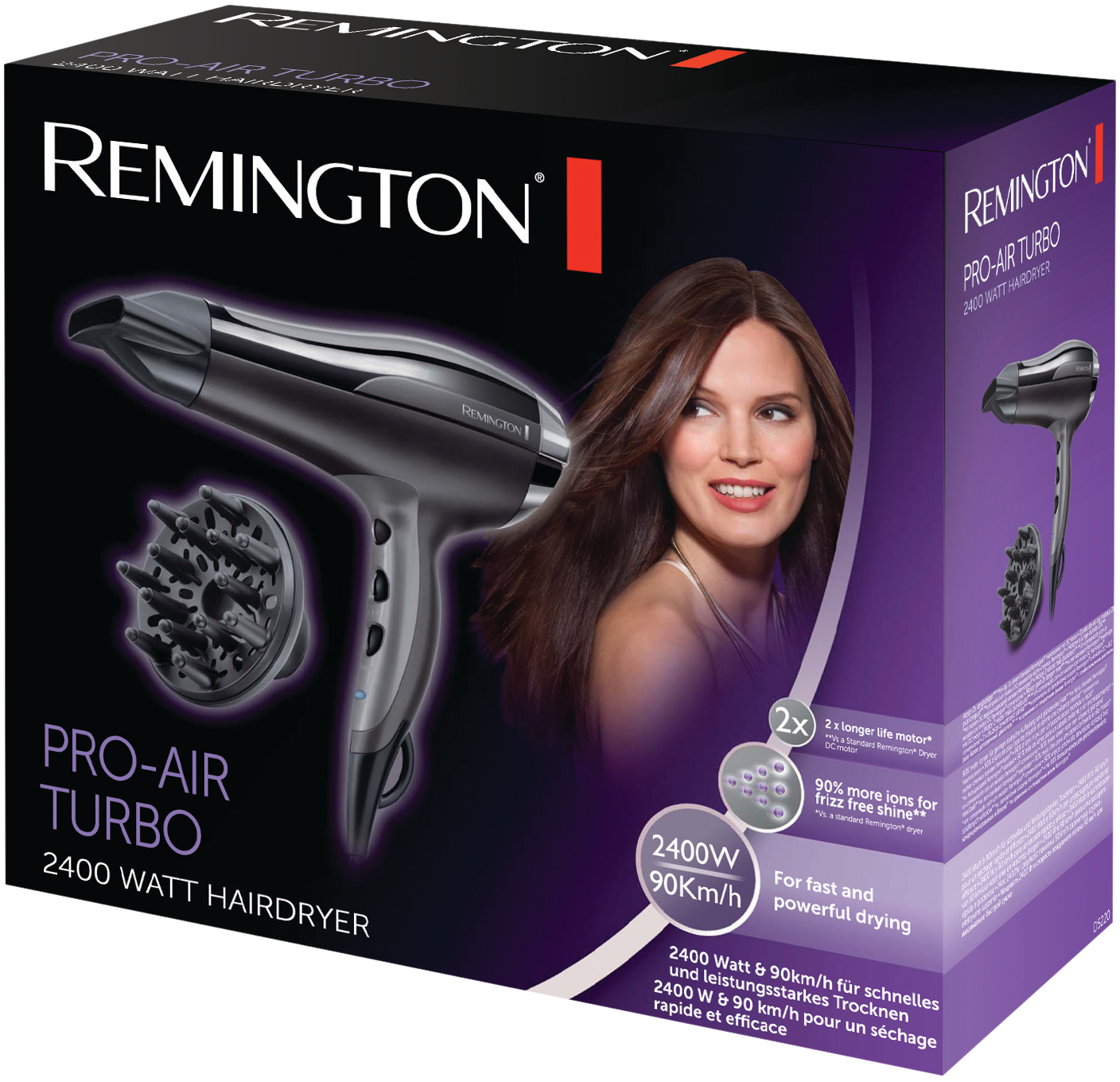 Remington hajszárító doboza. A terméket, egy nő képét és a termék specifikációit mutatja.