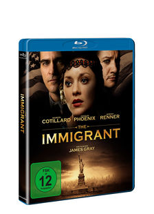 Blu-ray-Cover mit drei Personen und der Freiheitsstatue. Der Titel lautet 'The Immigrant' und die Einstufung ist 12.