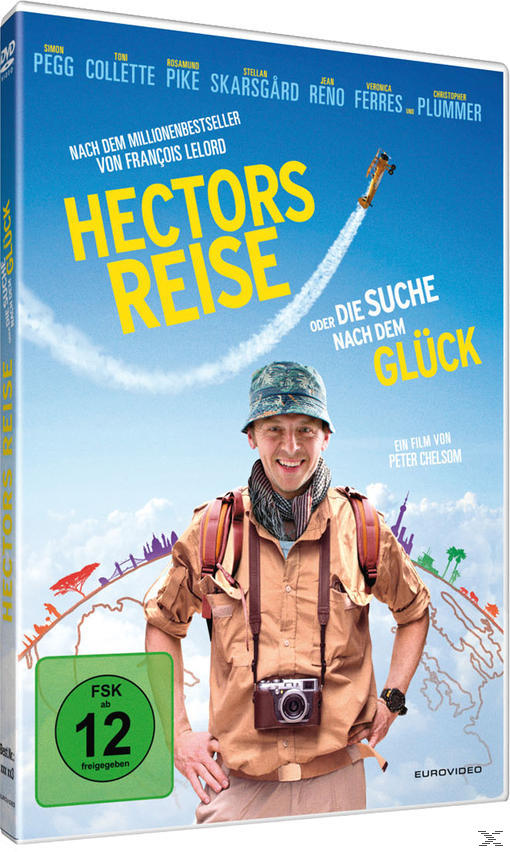 Filmcover mit Mann mit Hut, Rucksack und Kamera. Text: Hectors Reise oder Die Suche nach dem Glück.