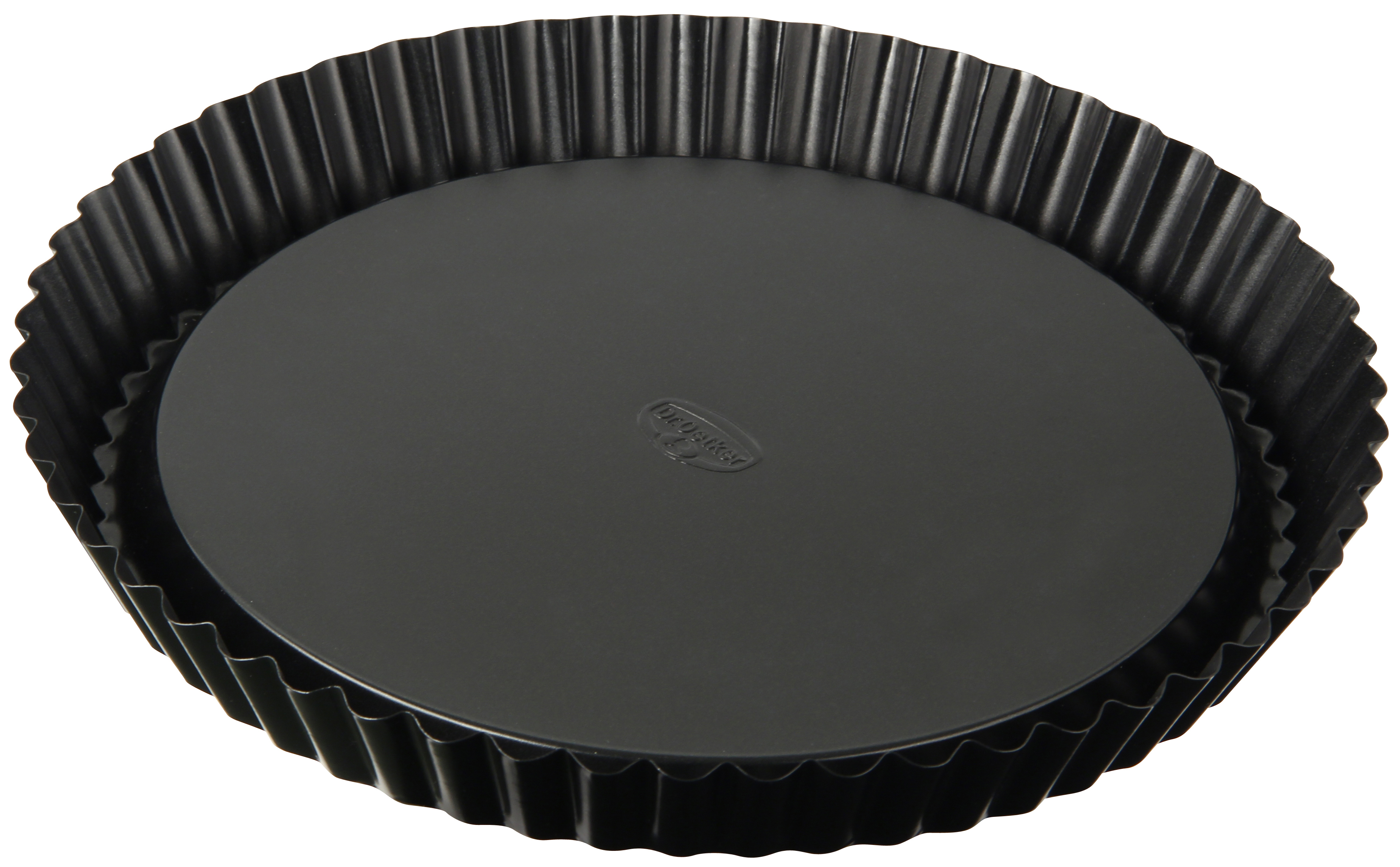 Eine schwarze Metall-Tarteform mit herausnehmbarem Boden, ideal zum Backen.