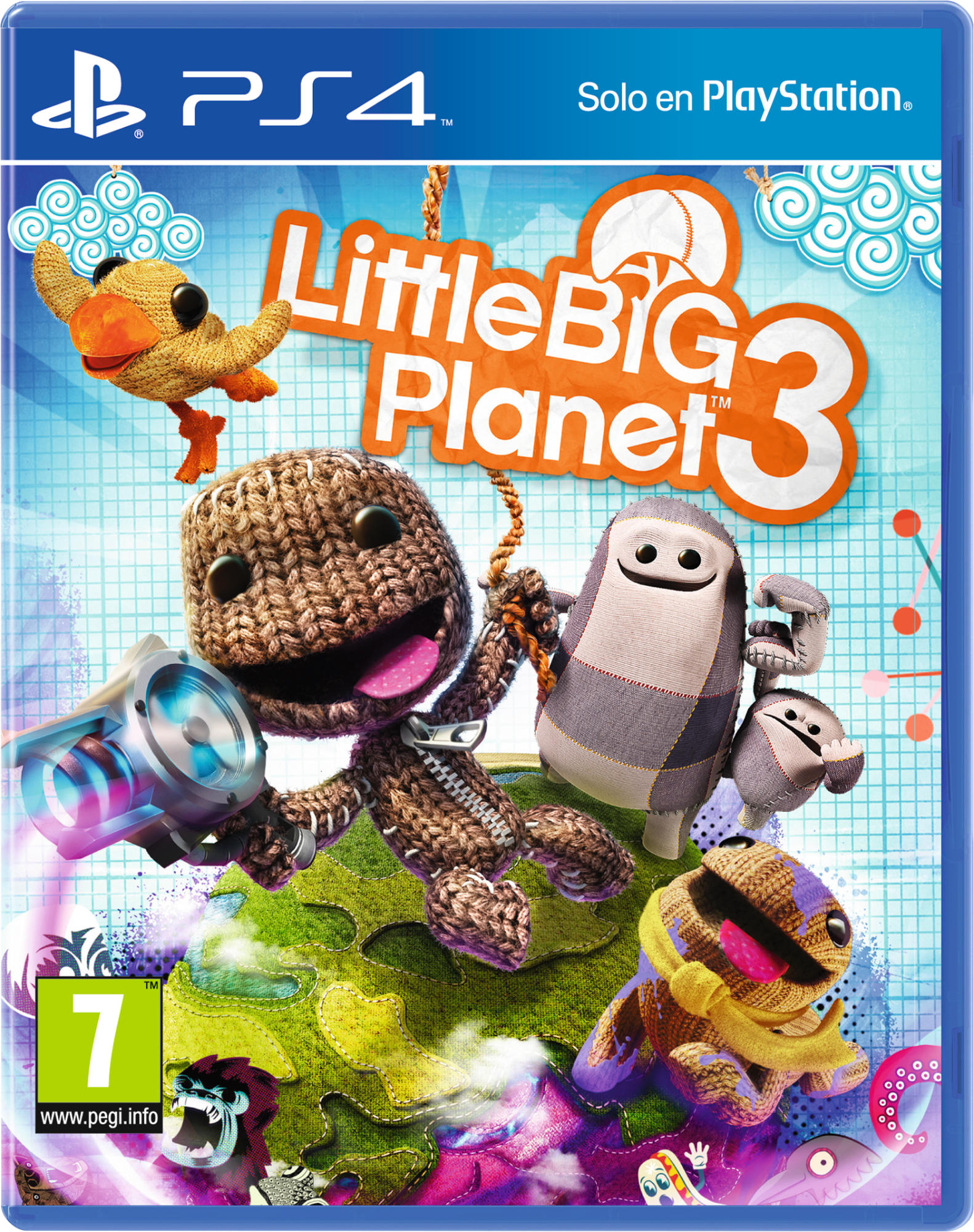 Portada del juego LittleBigPlanet 3, con personajes y el título del juego sobre fondo azul.