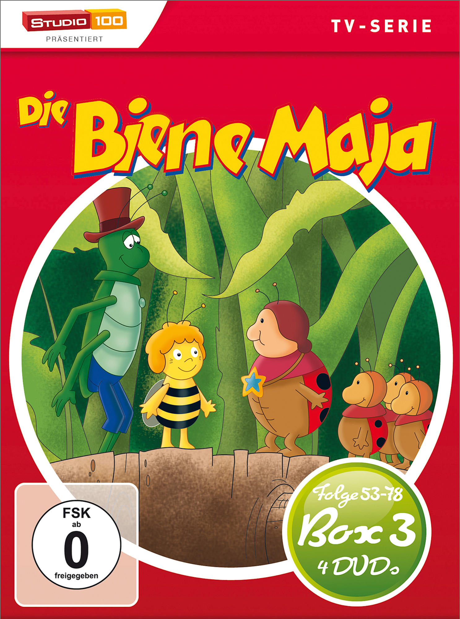 DVD-Cover für Die Biene Maja Box 3. Ein grünes Insekt und eine Biene sind auf einer Holzbrücke. Roter Text oben.