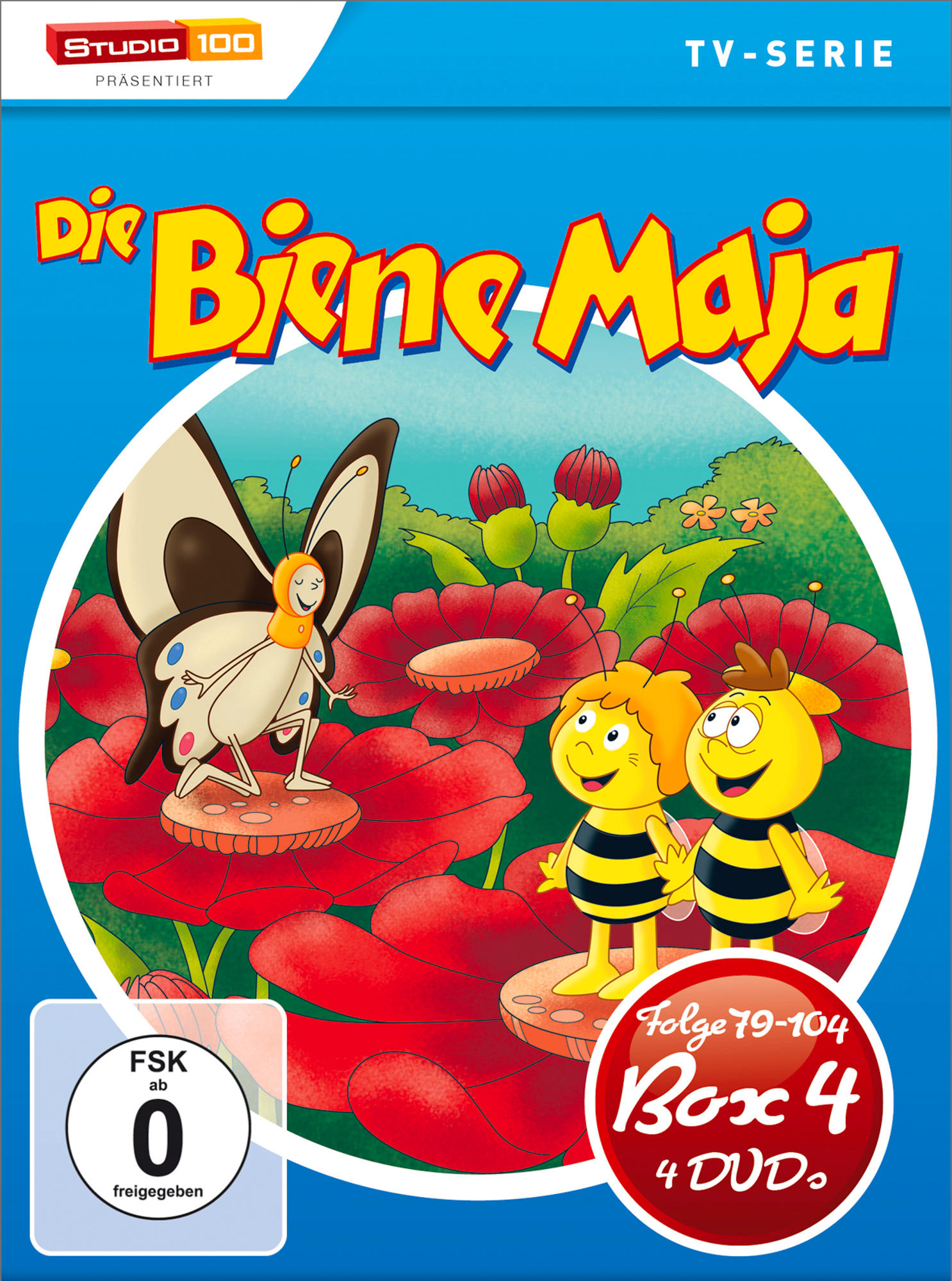 DVD-Hülle von Die Biene Maja: Box 4. Zeigt einen Zeichentrick-Schmetterling und Bienen auf roten Blumen auf blauem Grund.