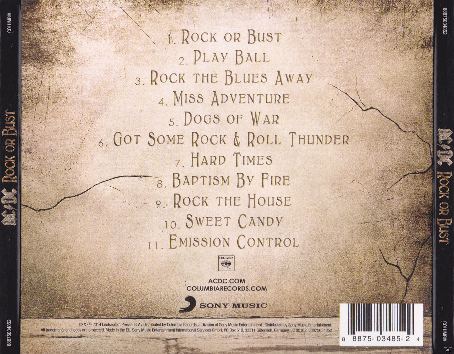 AC/DC 'Rock or Bust' Album-Rückseite. Trackliste auf rissigem, strukturiertem Hintergrund. Columbia & Sony Music Logos.