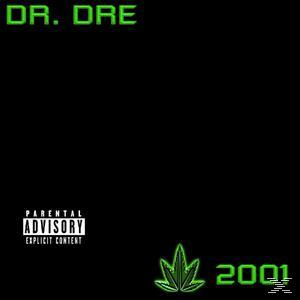 Albumcover für Dr. Dres Album 2001. Der Hintergrund ist schwarz, mit einem Marihuanablatt-Symbol.