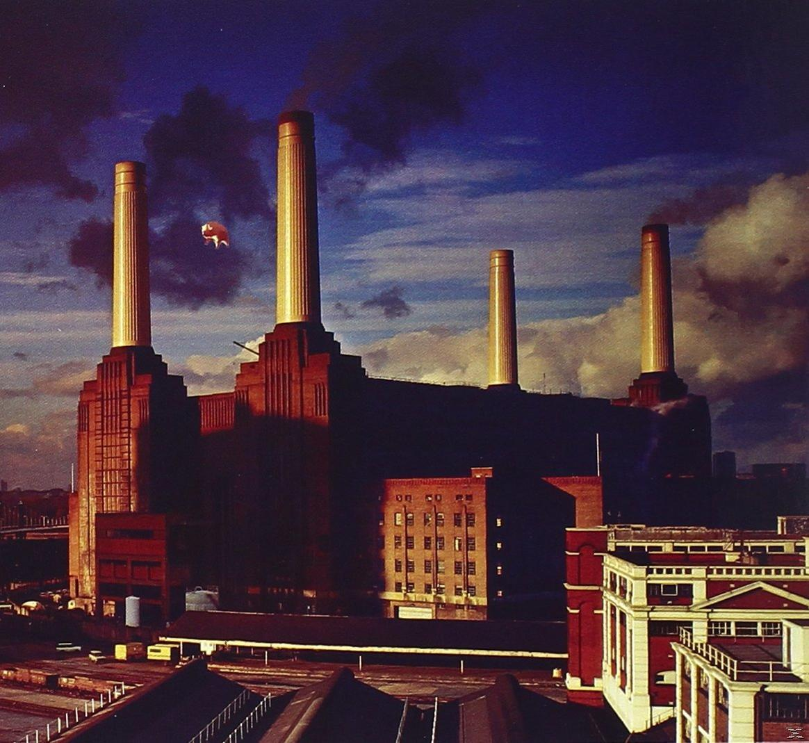 Albumcover. Ein Gebäude mit vier Schornsteinen mit einem fliegenden rosa Schwein. Text: Pink Floyd, Animals.