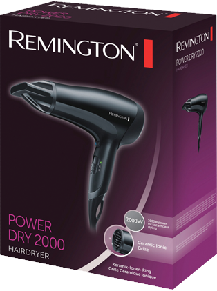 Doboz egy Remington Power Dry 2000 hajszárítóhoz. A hajszárítót és a termék részleteit tartalmazza.